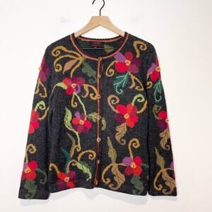 Tey Art Peru Alpaca Sweater Cardigan Peruvian Floral Hand-knit Medium